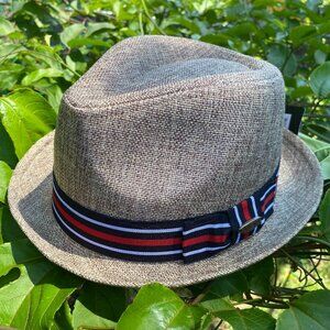 Extra Large Upbrim Brim Linen Cotton Fedora Hat with Striped Band